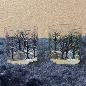 Houze  Seasonal Winter Trees Design Rock Lowball Glass   Set Of 2
